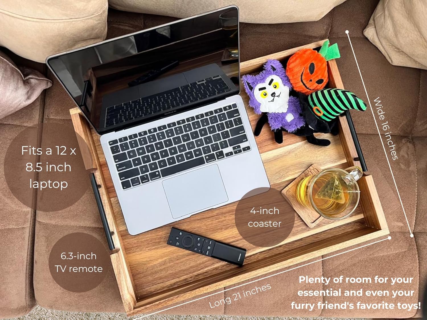 Acacia Wooden Ottoman Tray for Living Room & 6 Coasters Set – 21 Large Coffee Table Serving Tray with Handles, Perfect for Food, Drinks, Kitchen, and Home Decor